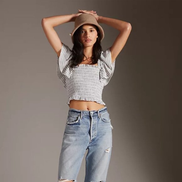 Anthropologie Tops - Maeve Crinkle Gingham Smocked Top Black and White Ruffled Blouse Size XS